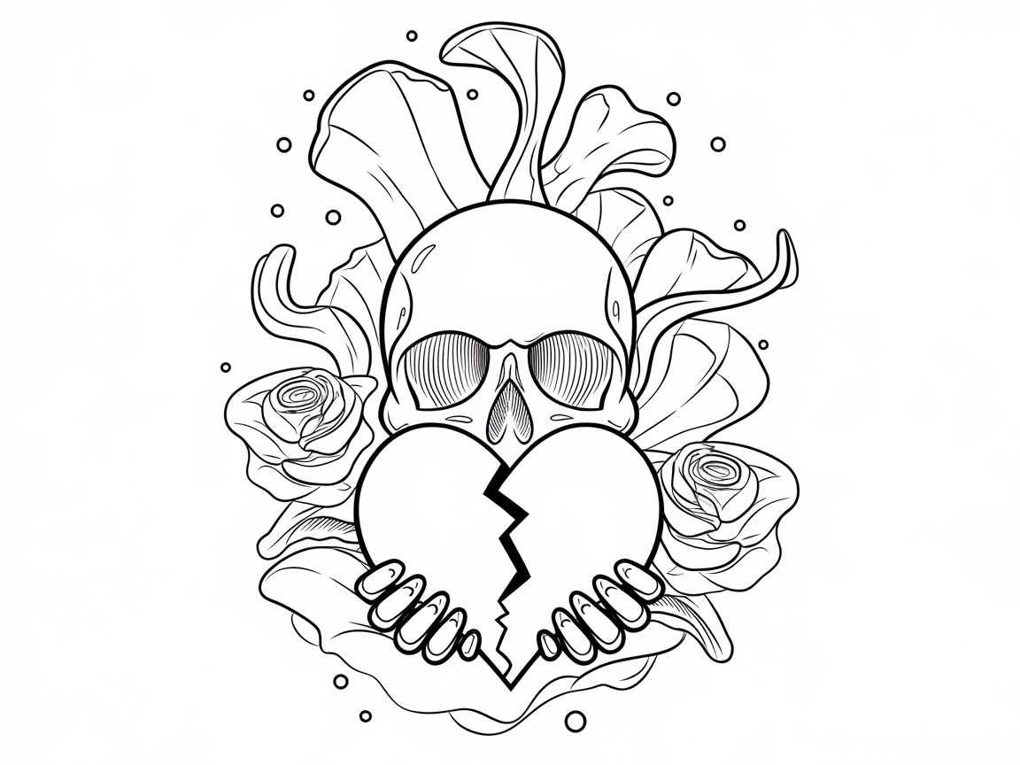 Elegant Skull Cradling Heart Amidst Blooming Roses for Graceful Coloring