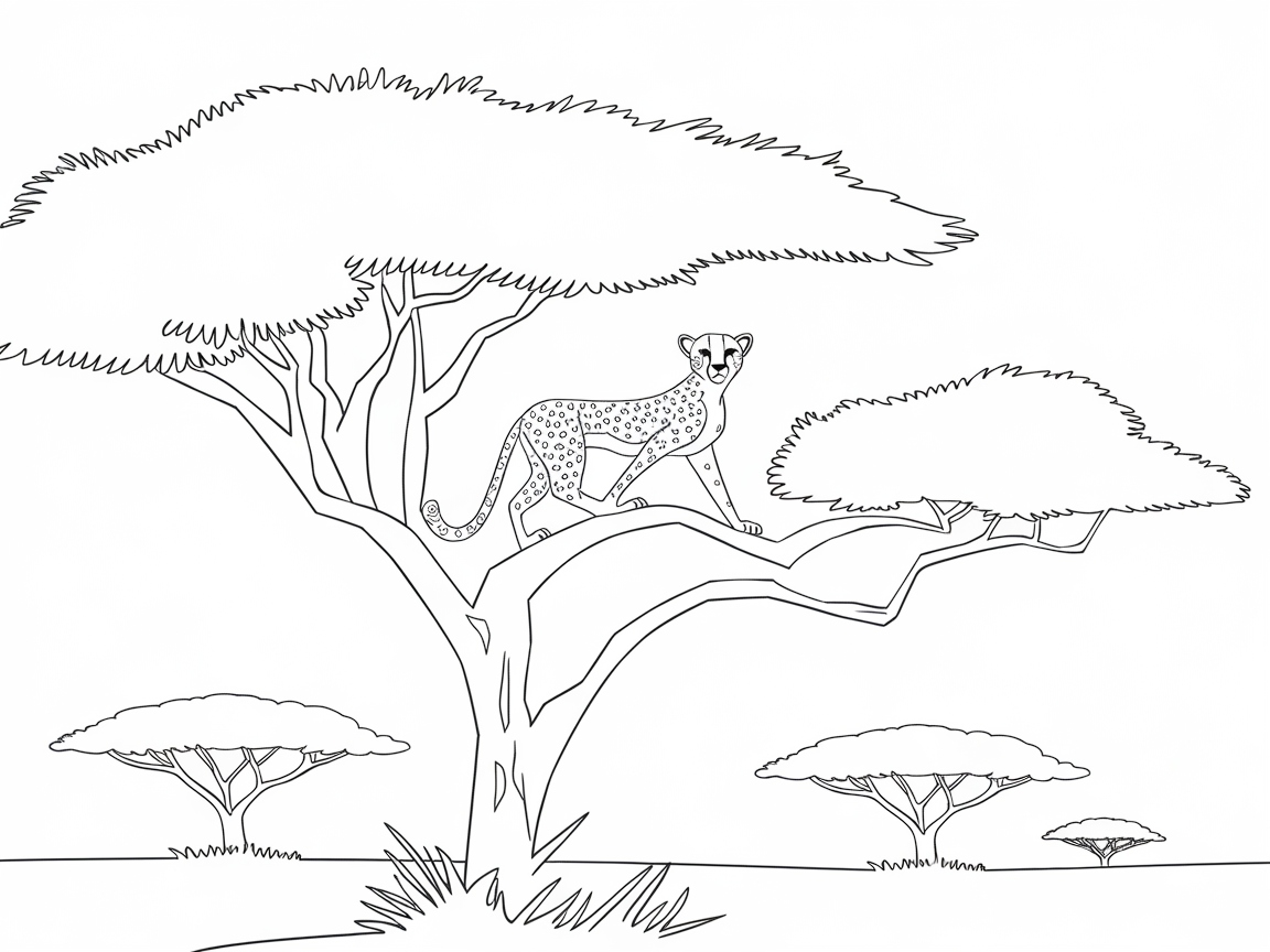 Cheetah Resting in the Canopy Line Art