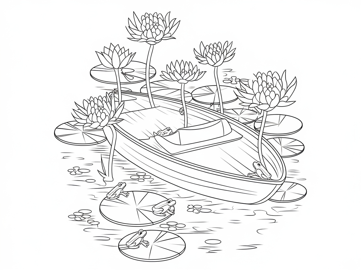 Frogs and Lilies Around a Still Bass Boat
