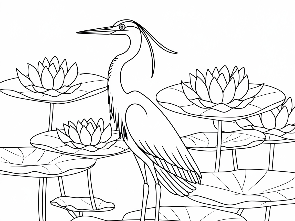 Graceful Heron Amongst Lotus Leaves