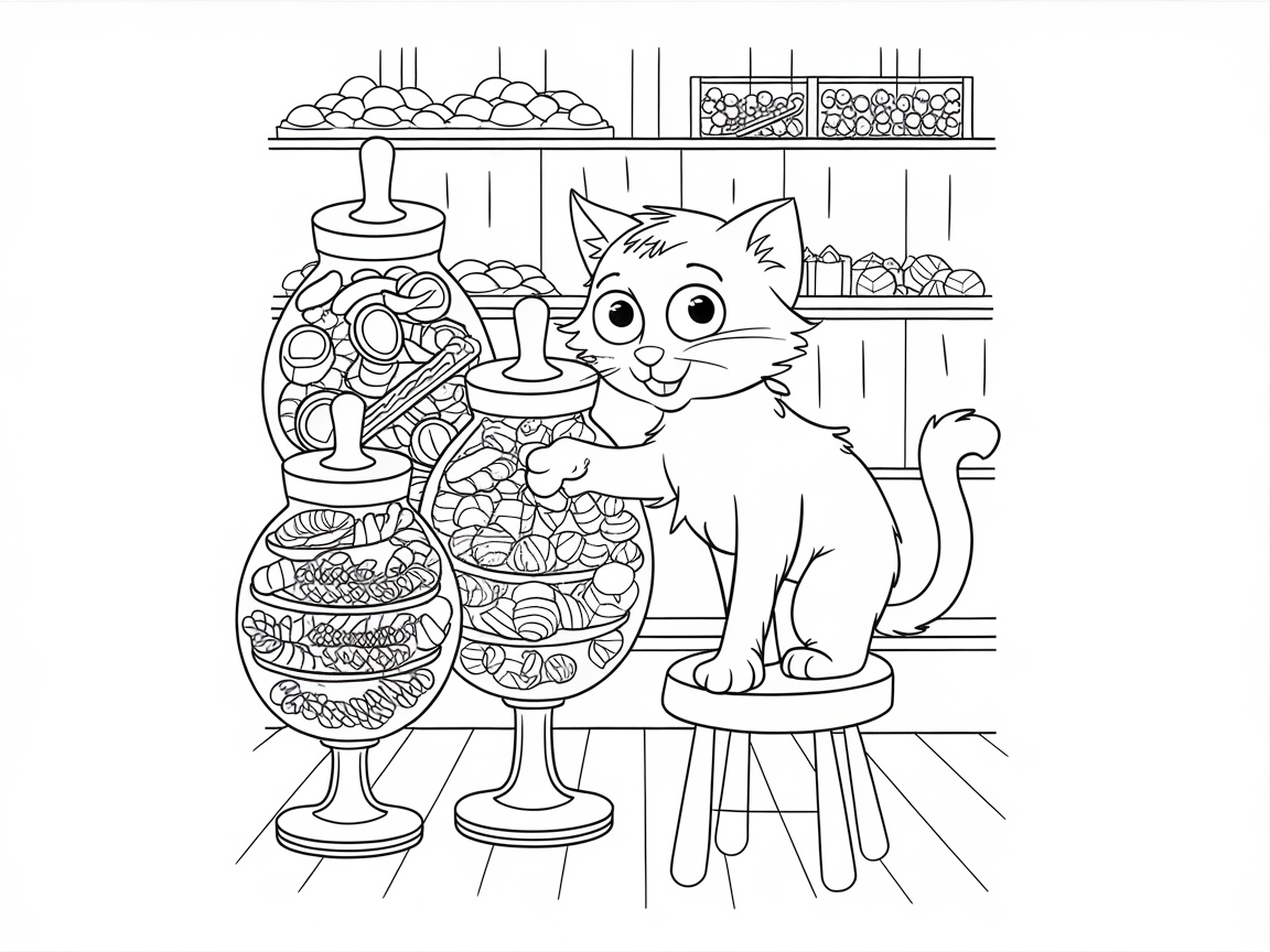 Adorable Candy Shop Cat Waiting for Treats