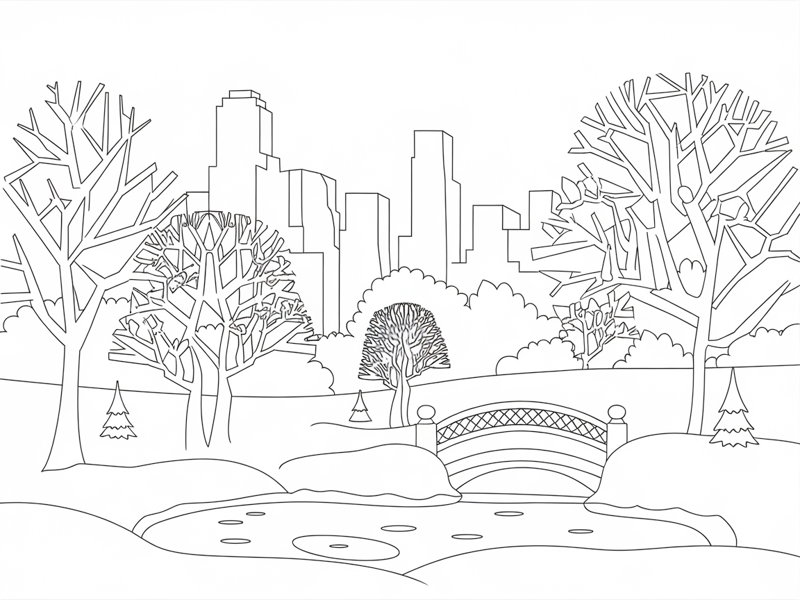 Peaceful Park Scene with Urban Skyline