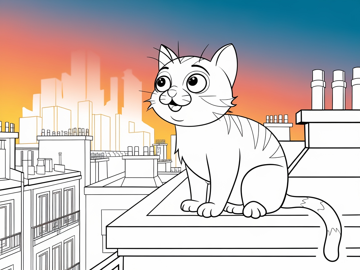 Charming Cat Over the Cityscape at Dusk