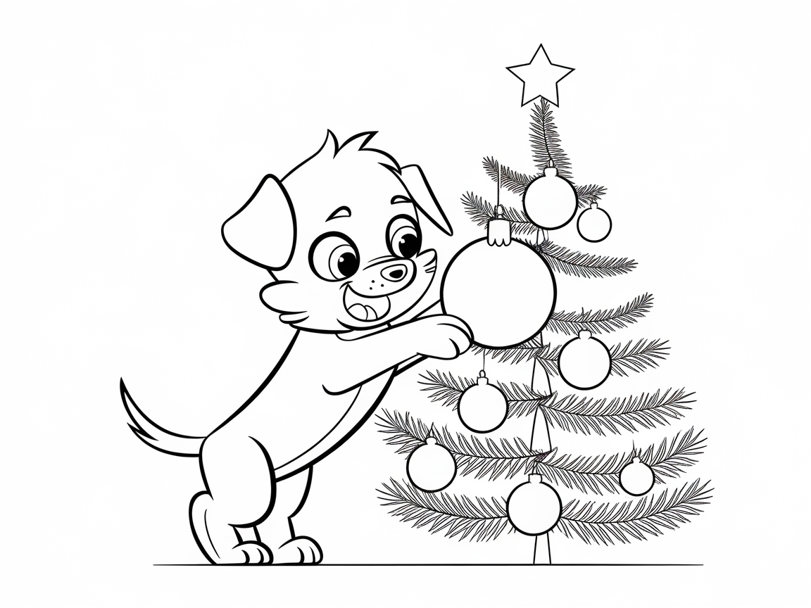 Joyful Puppy Decorating a Christmas Tree