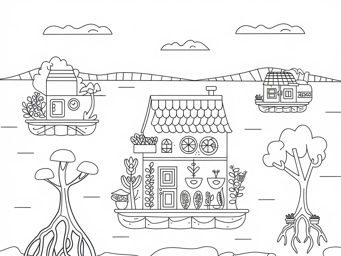 Whimsical Floating Homes Coloring Fun
