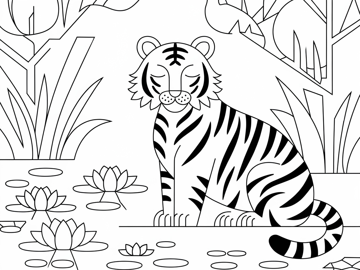 Peaceful Bengal Tiger Amidst Tranquil Water Lilies