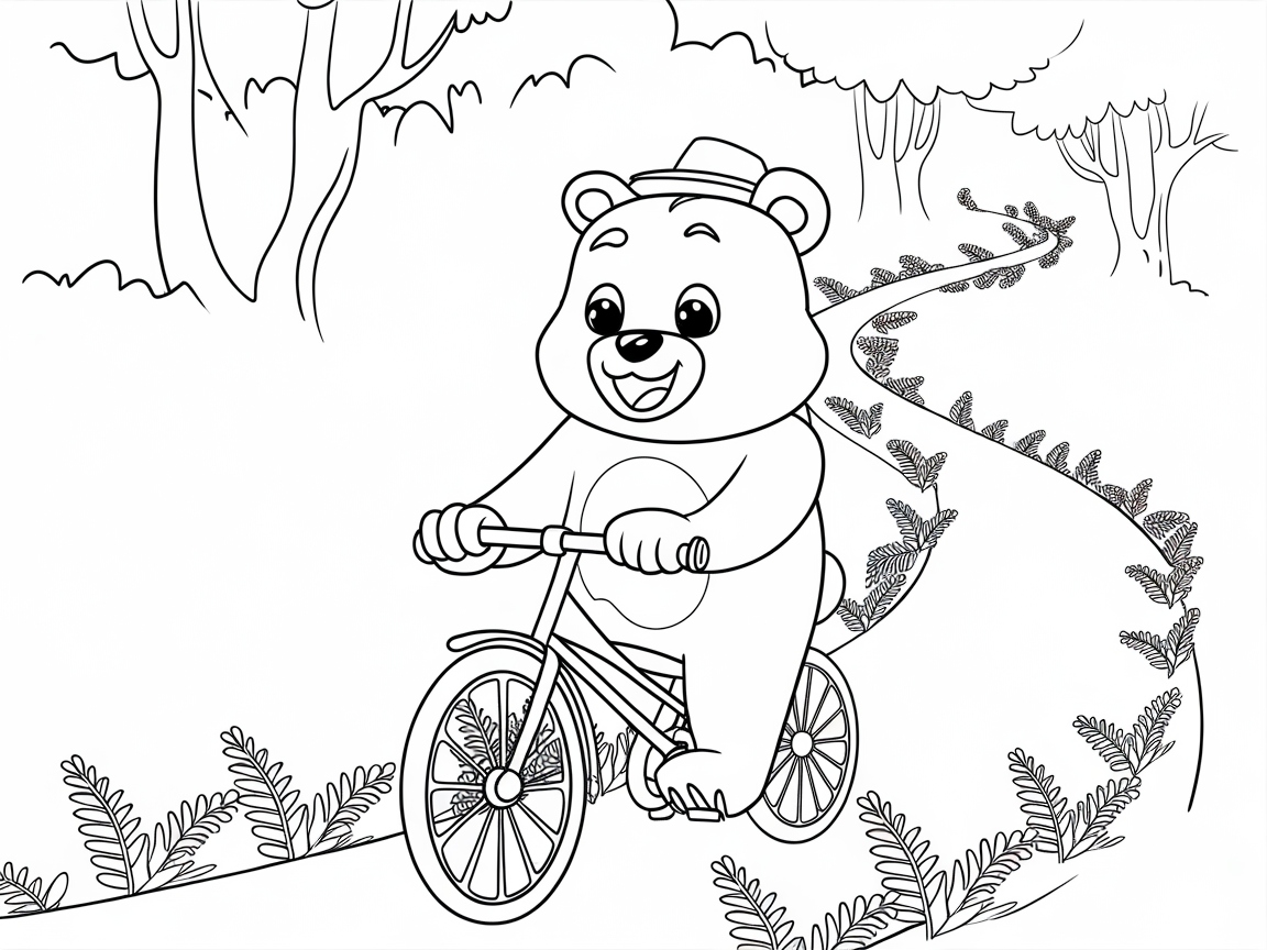 Adventurous Bear Biking Through a Forest Trail