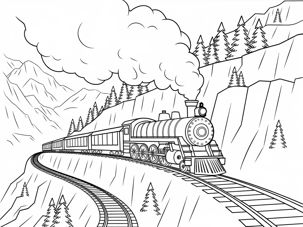 Charming Mountain Train Coloring Page