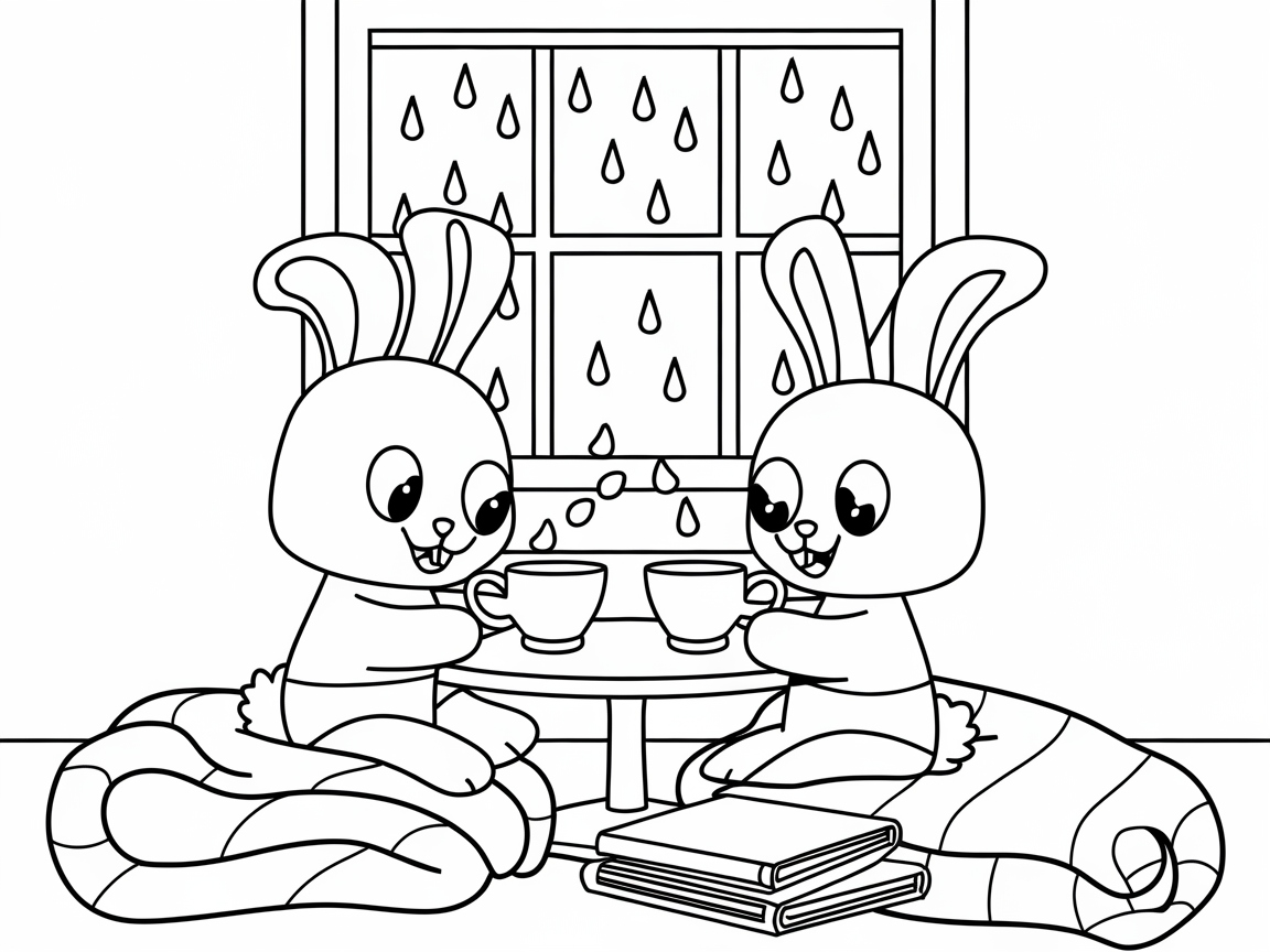 Cozy Rainy Day Bunny Tea Scene