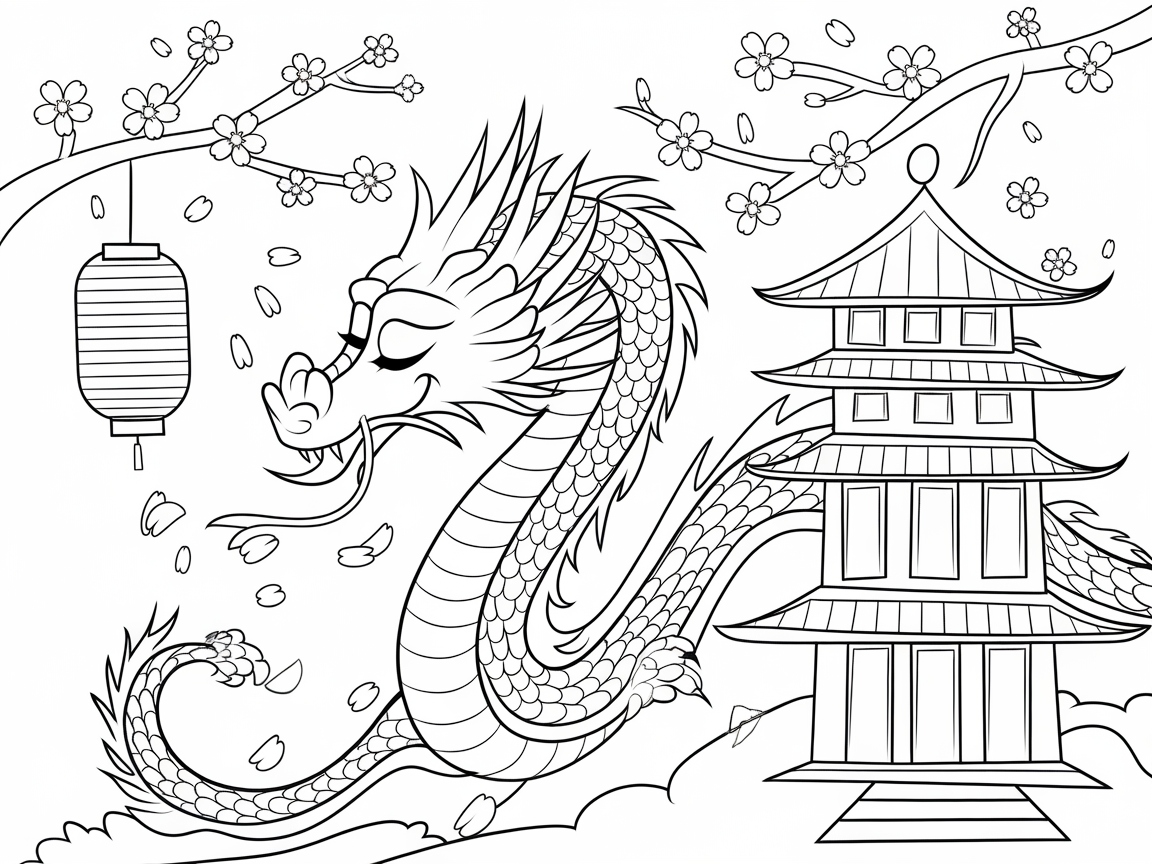 Color This Serene Dragon and Pagoda Scene