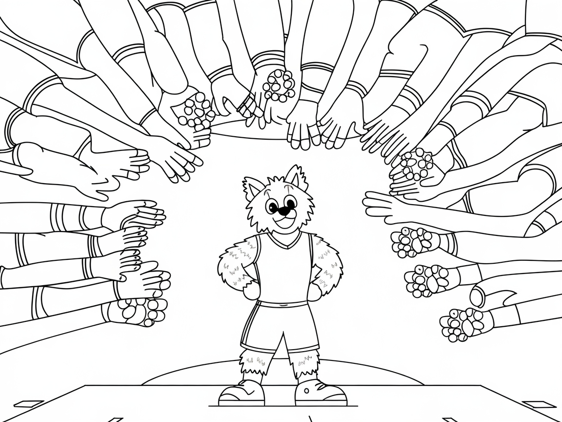 Color This Team Huddle Led by a Furry Mascot