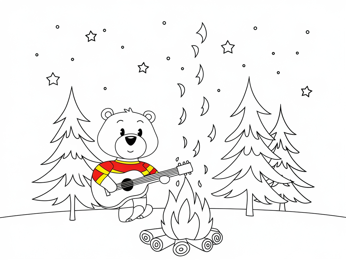 Campfire Bear with a Guitar Scene