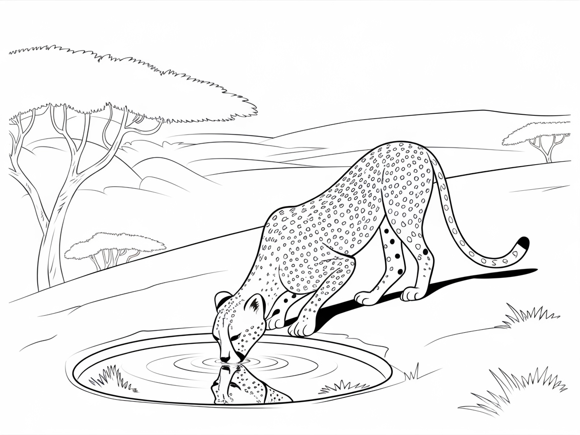 Cheetah Quenching Its Thirst in Tranquil Line Art