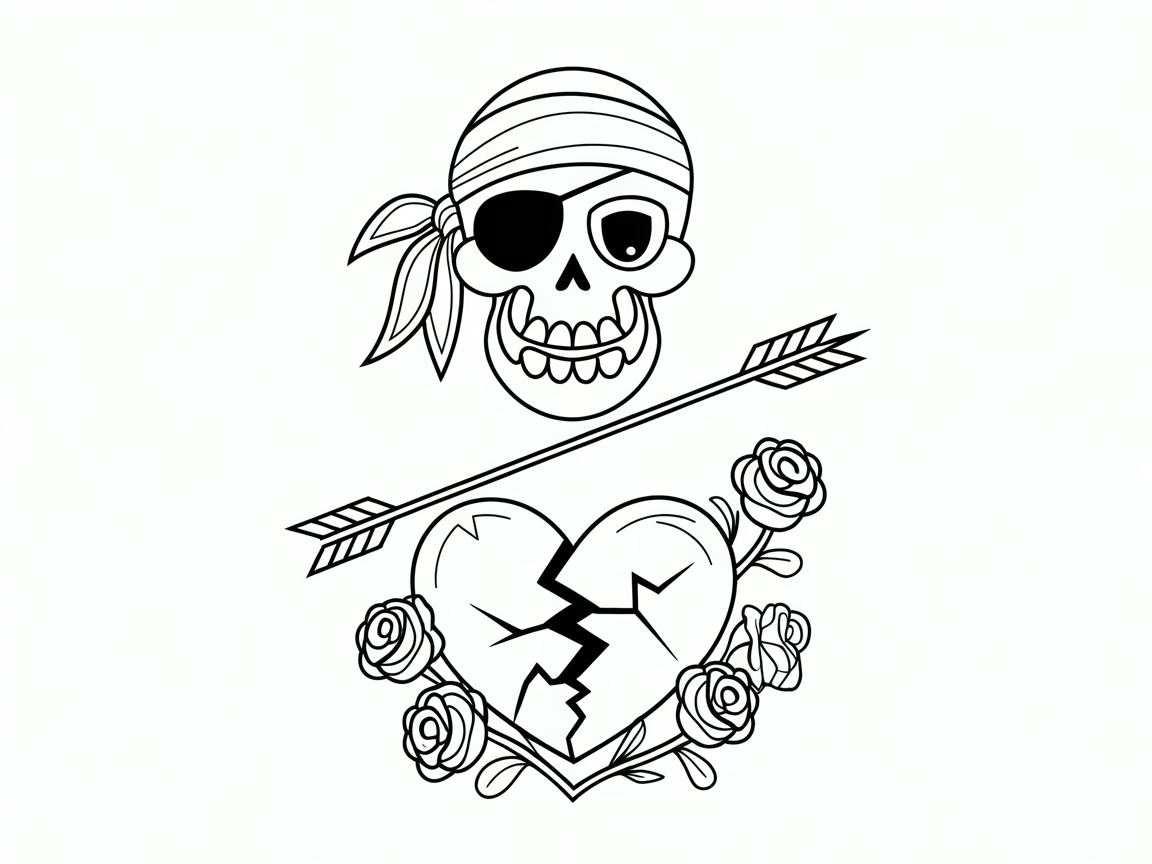 Pirate Skull with Arrowed Heart and Roses for Adventurous Coloring