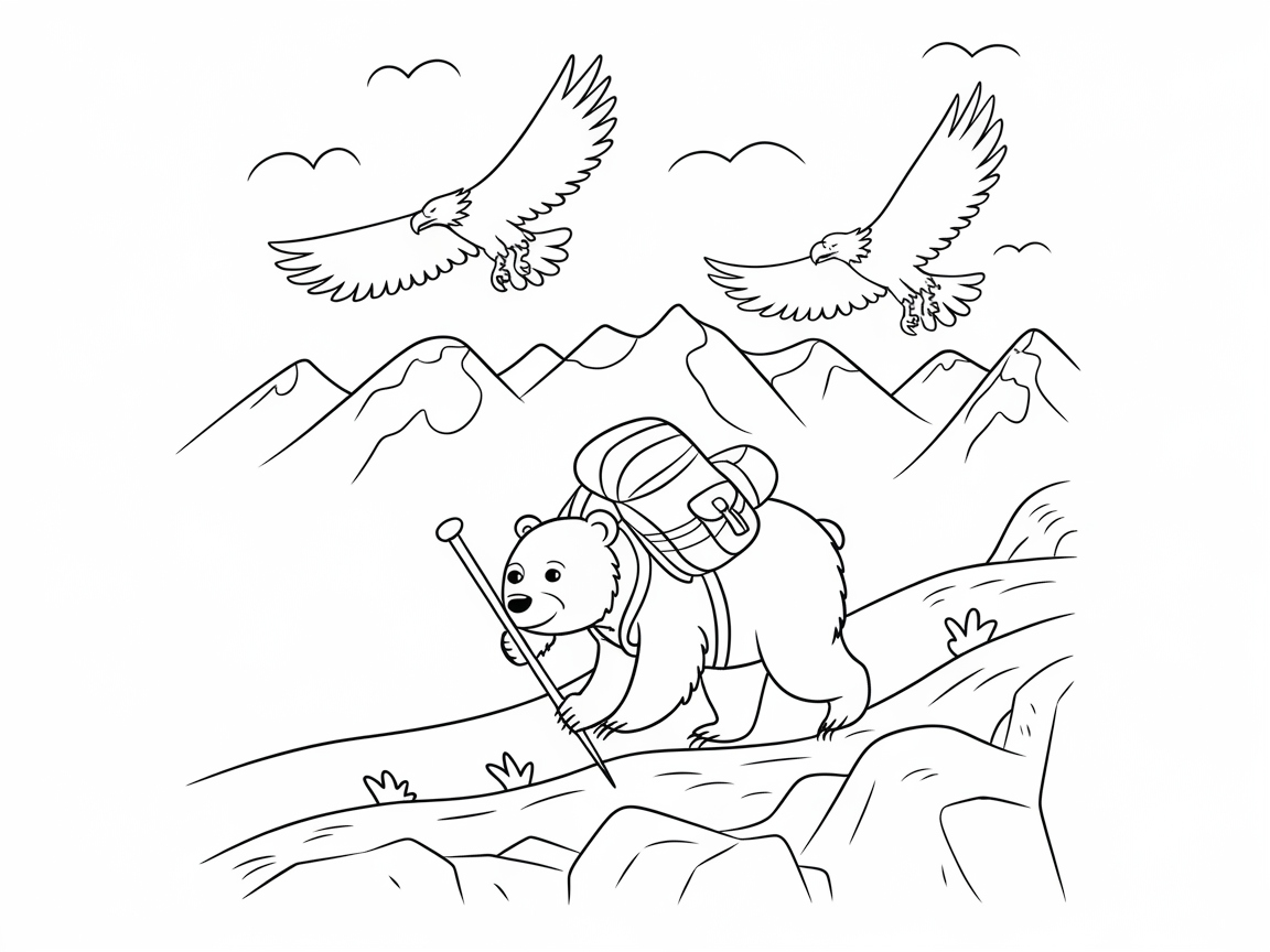 Adventurous Hiking Bear in the Mountains