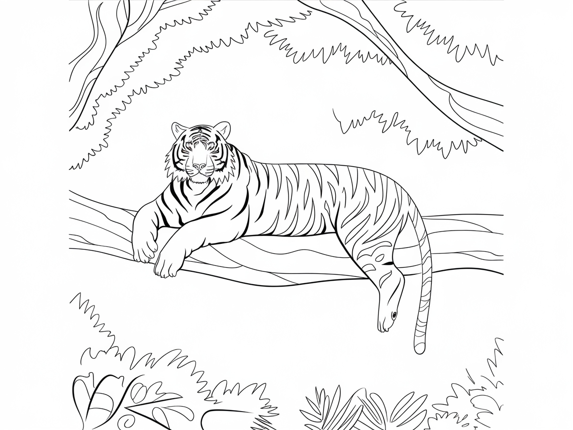 Relaxing Bengal Tiger Lounging on a Tree Limb