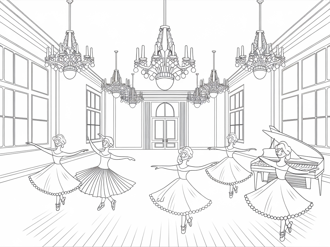 Graceful Ballet in a Grand Ballroom Coloring Page