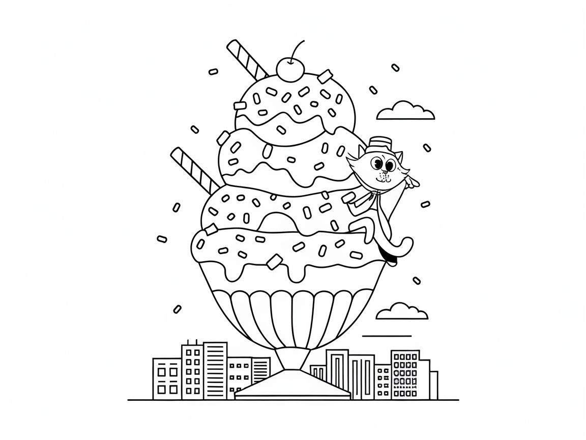 Ice Cream Cat Scaling a Sweet Sundae Tower