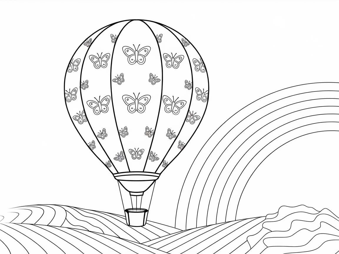 Hot Air Balloon Adventure with Butterflies and a Rainbow
