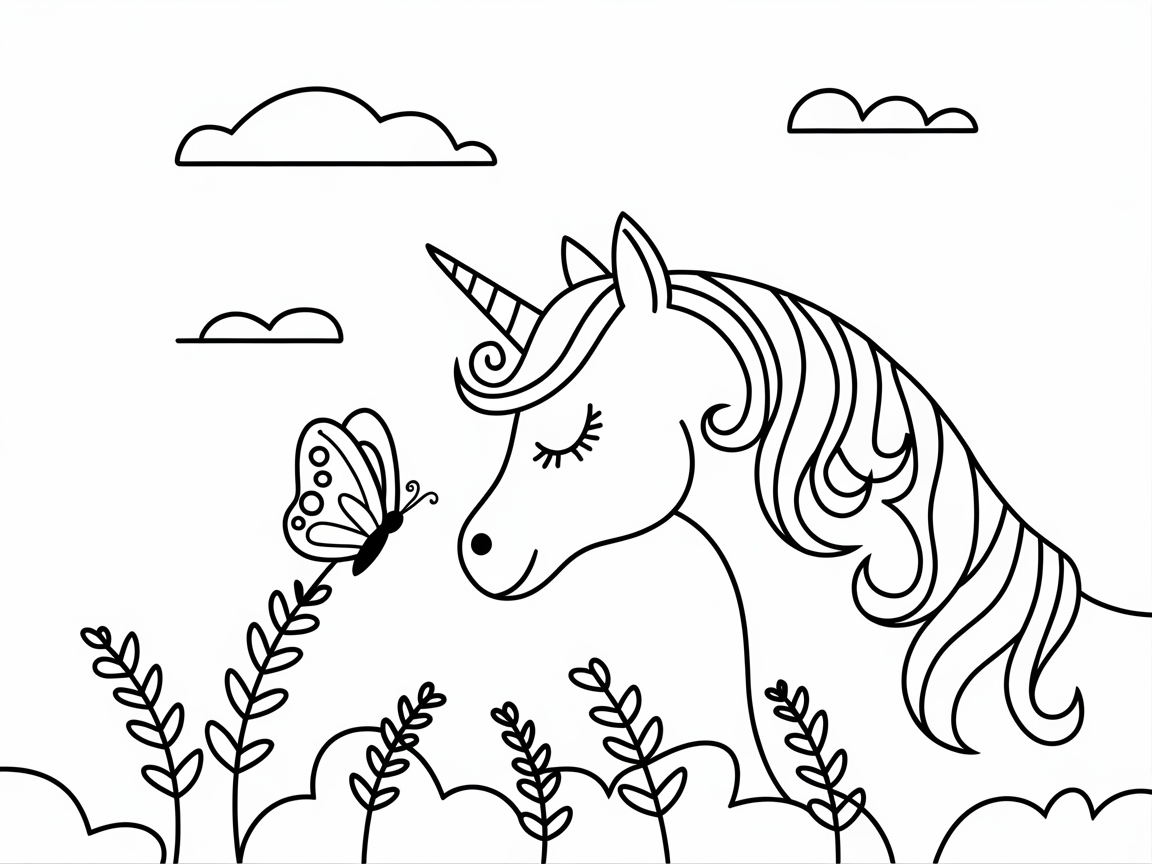 Charming Unicorn and Butterfly in a Floral Meadow