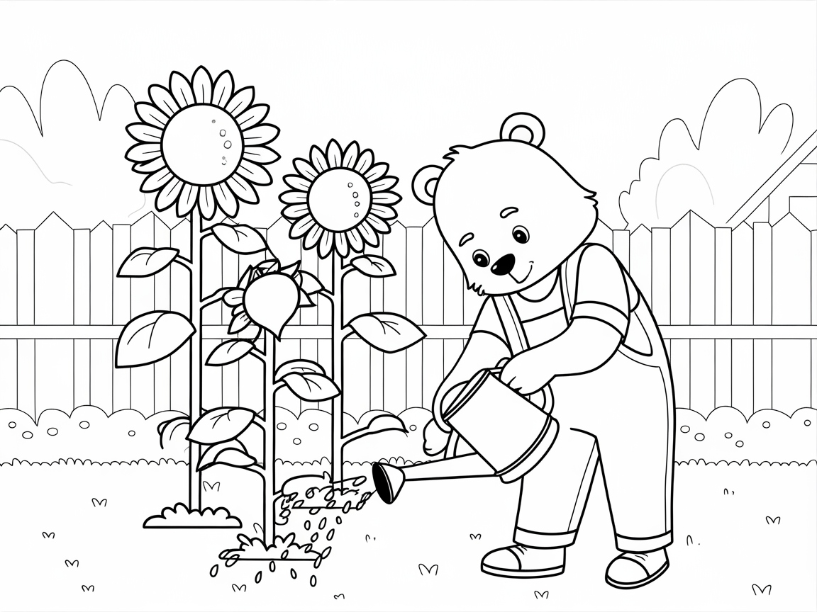 Peaceful Garden Scene with a Caring Bear