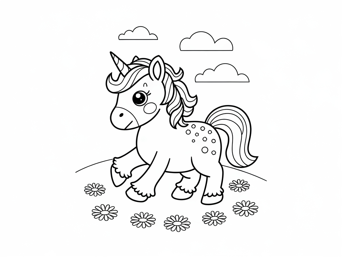 Adorable Cartoon Unicorn in a Flower Field