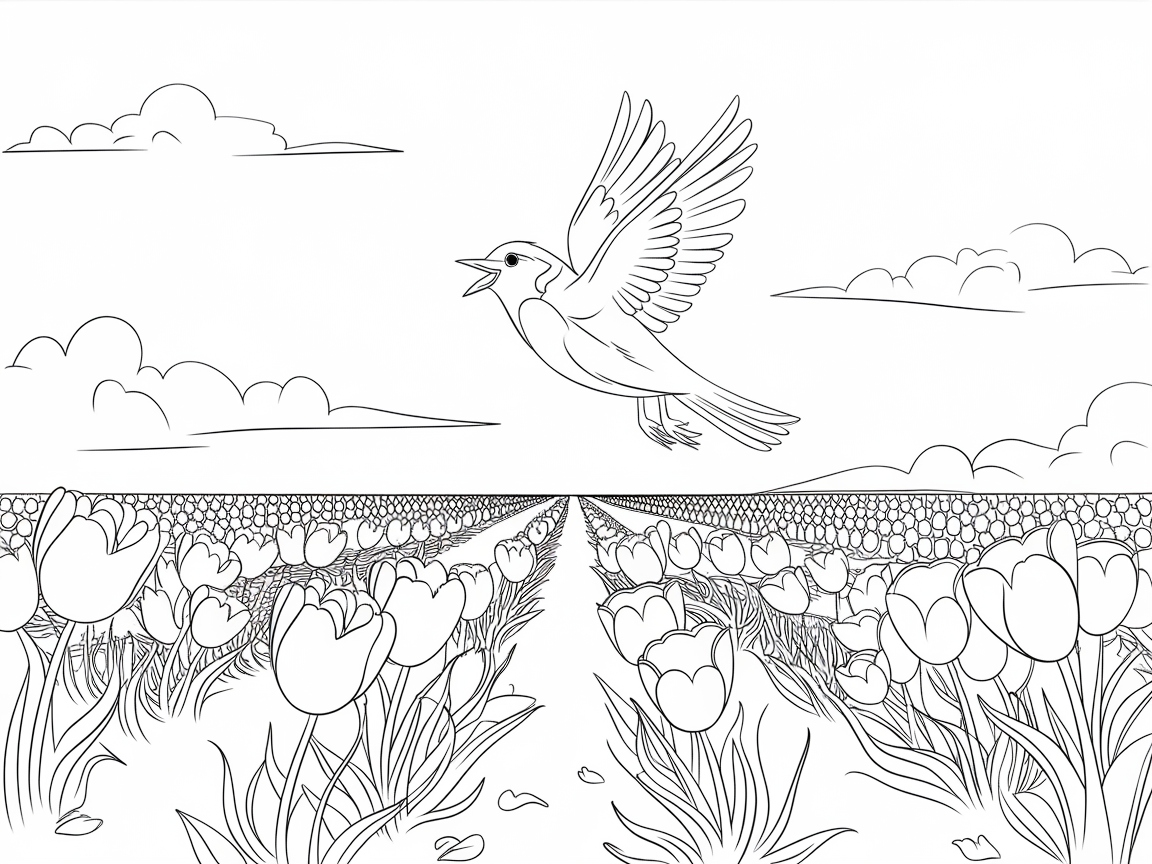 Soaring Sparrow Over Tulip Fields