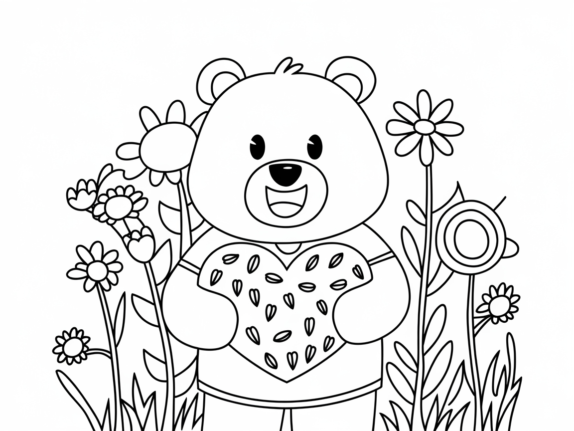 Happy Bear with a Floral Heart