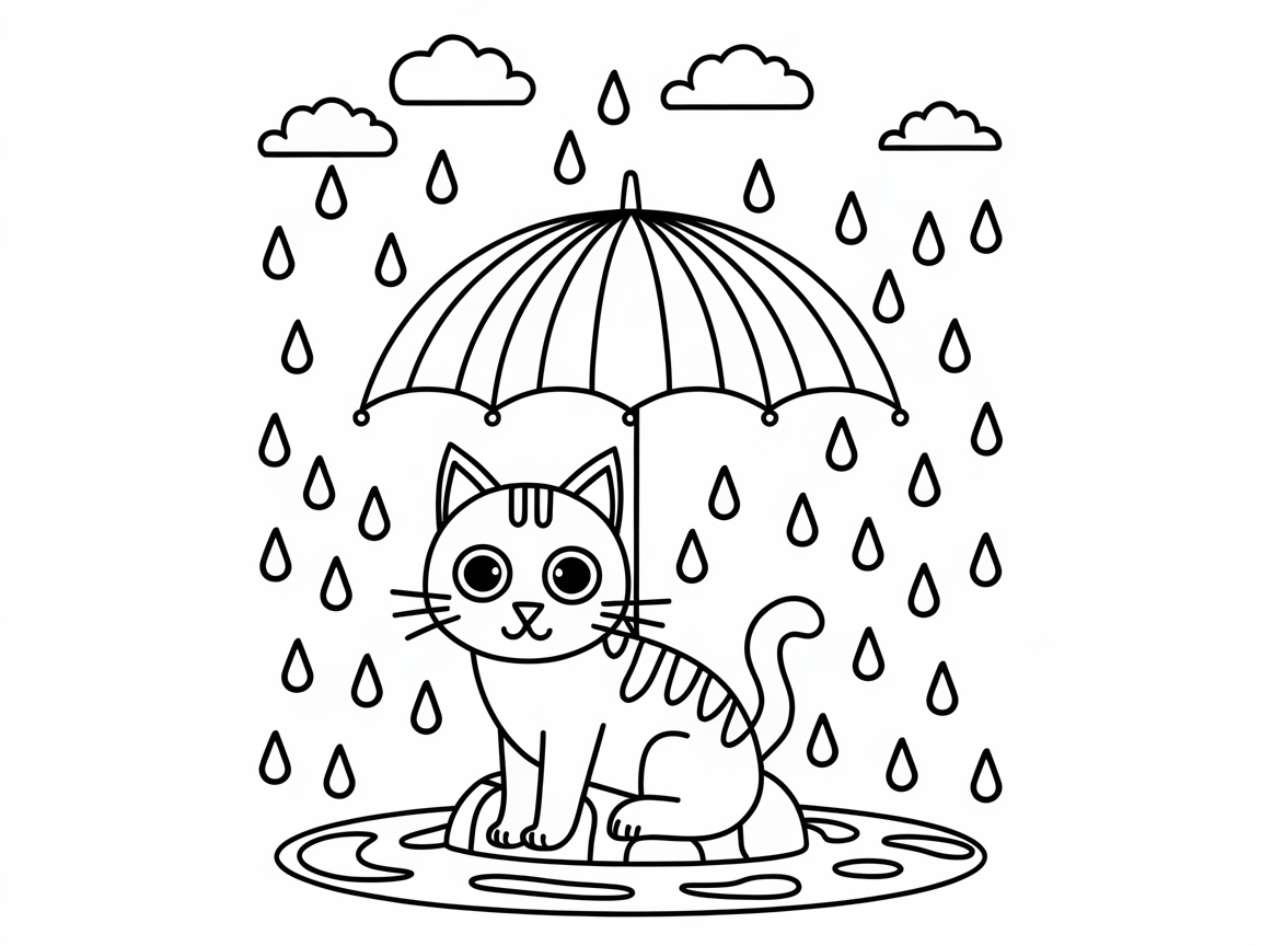 Cute Cat in the Rain Coloring Page