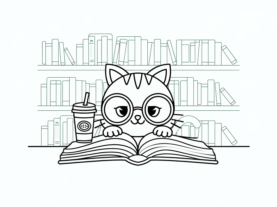 Bookish Cat with Boba in the Library