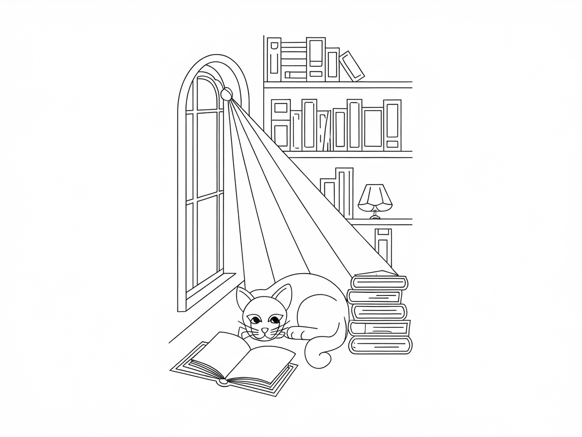 Cozy Cat by the Sunlit Bookshelf