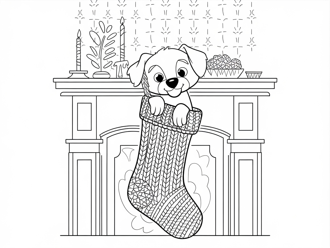 Happy Puppy in a Christmas Stocking by the Fireplace