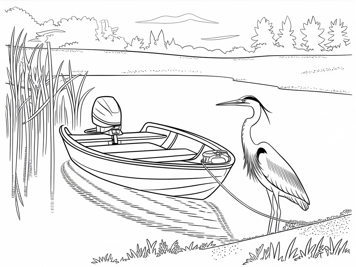 Tranquil Lakeside Scene with Heron and Bass Boat