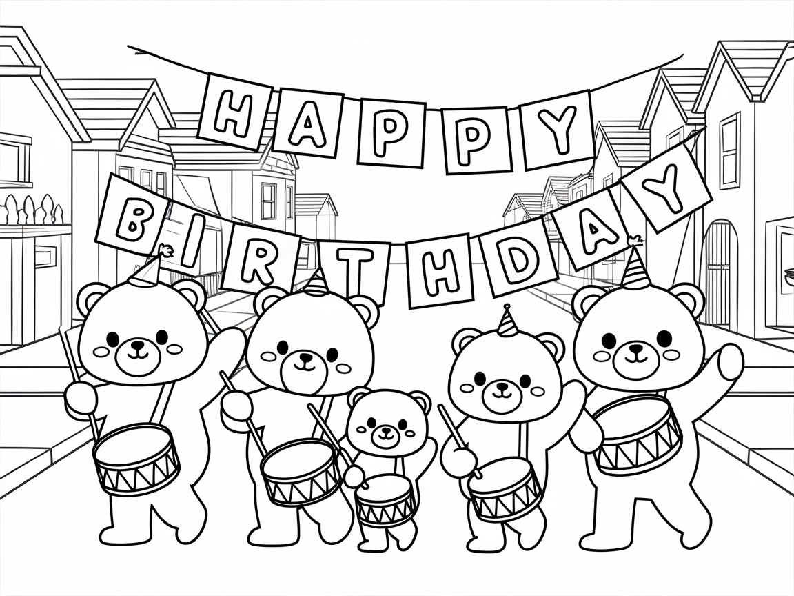 March Along with the Birthday Bears Parade Coloring Page