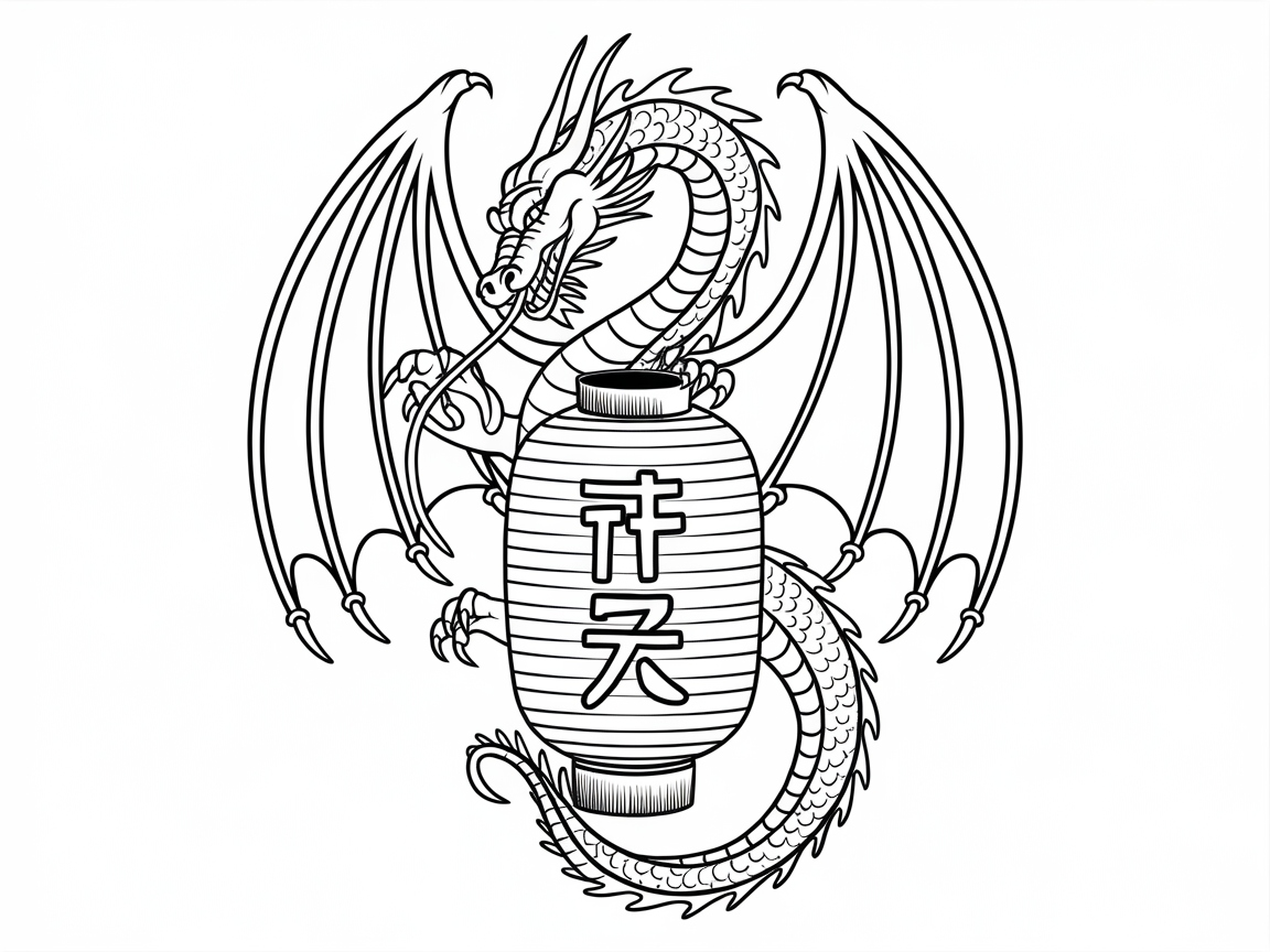 Dynamic Dragon and Lantern Coloring Page