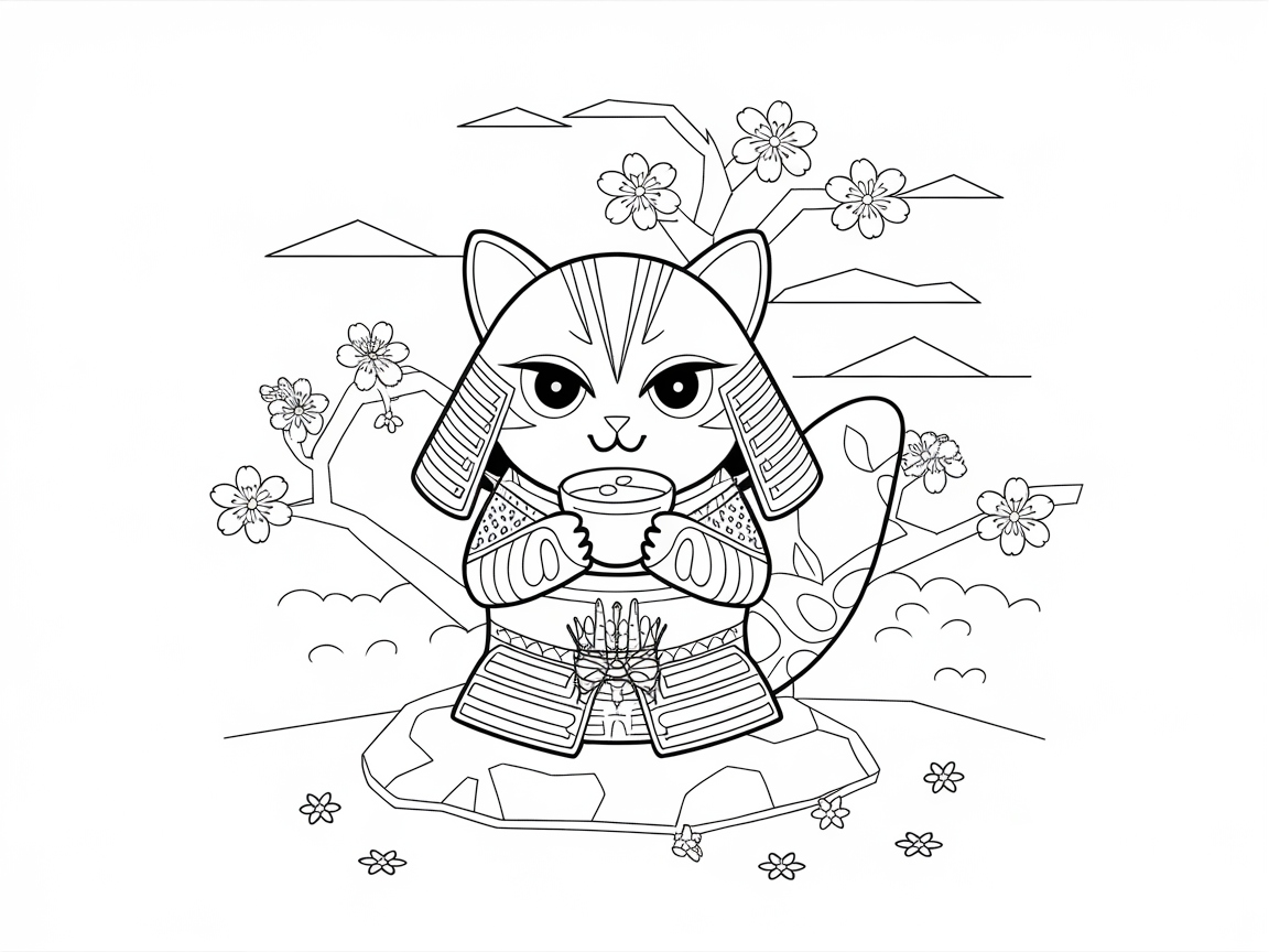 Samurai Cat Indulging in Boba Tea Bliss