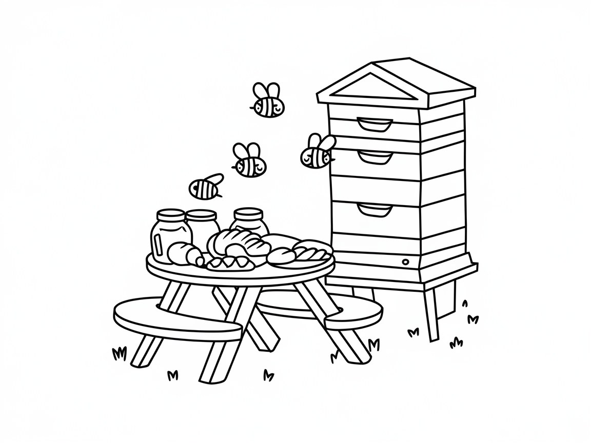 Picnic with Bees: A Sweet Coloring Page