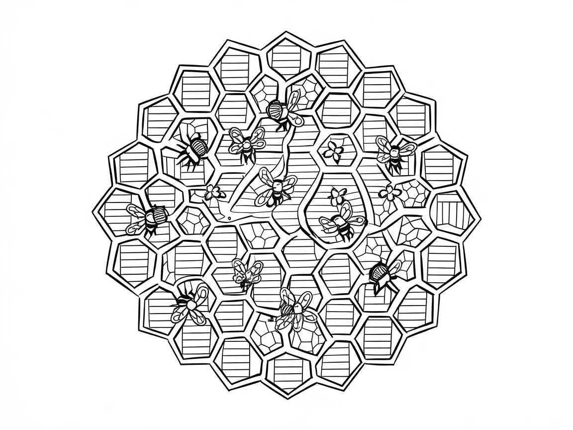 Intricate Honeycomb and Bees Coloring Design