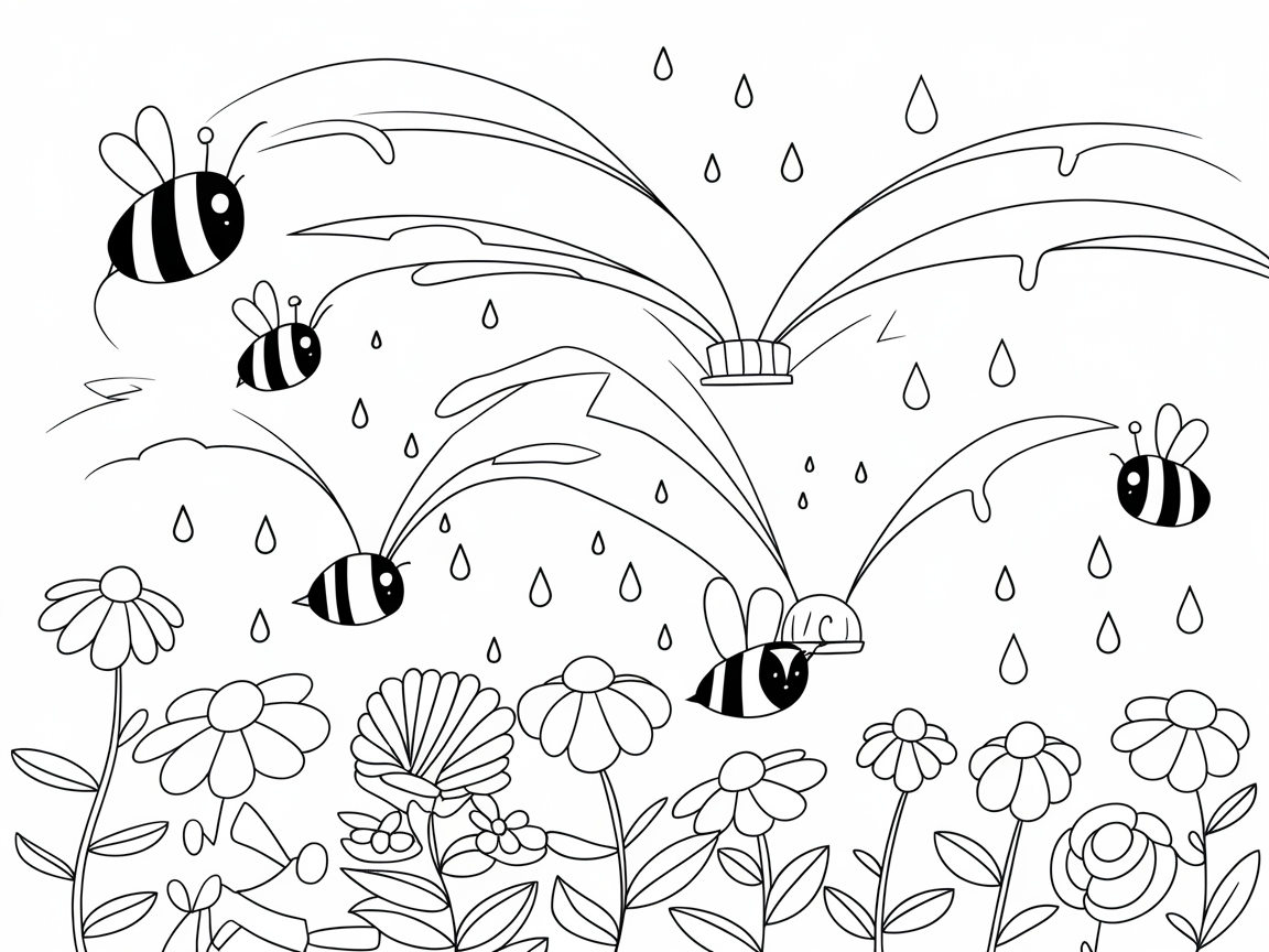 Sprinkler Fun with Bees in Blooming Flowers