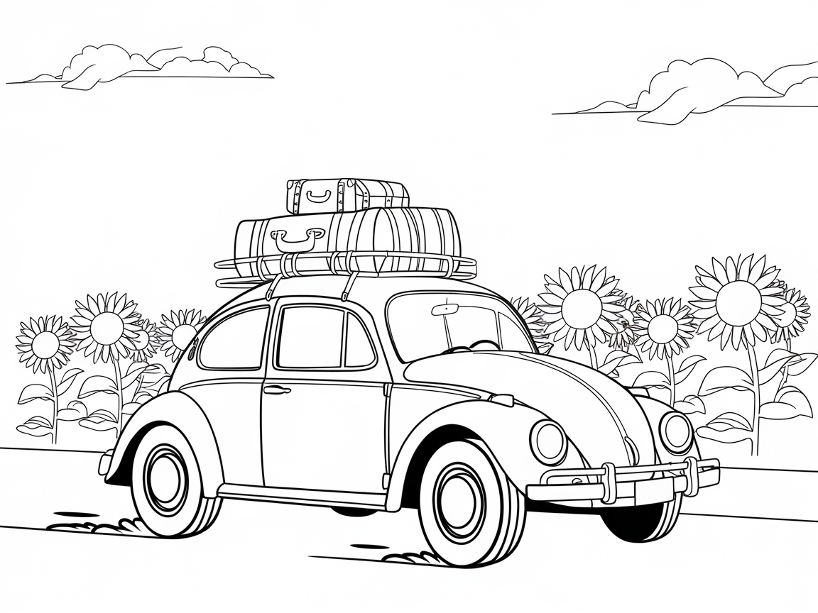 Set Off on a Sunflower Road Trip with This Classic Beetle Coloring Page