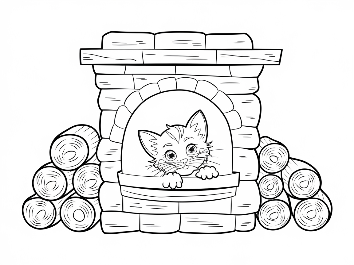 Adorable Kitten Peeking from the Chimney Coloring Page