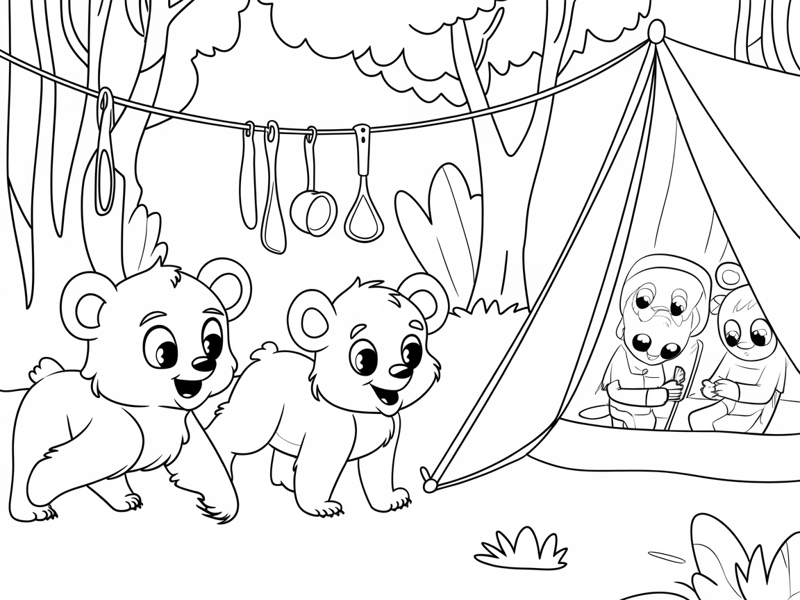 Playful Bear Cubs and Campers in the Woods