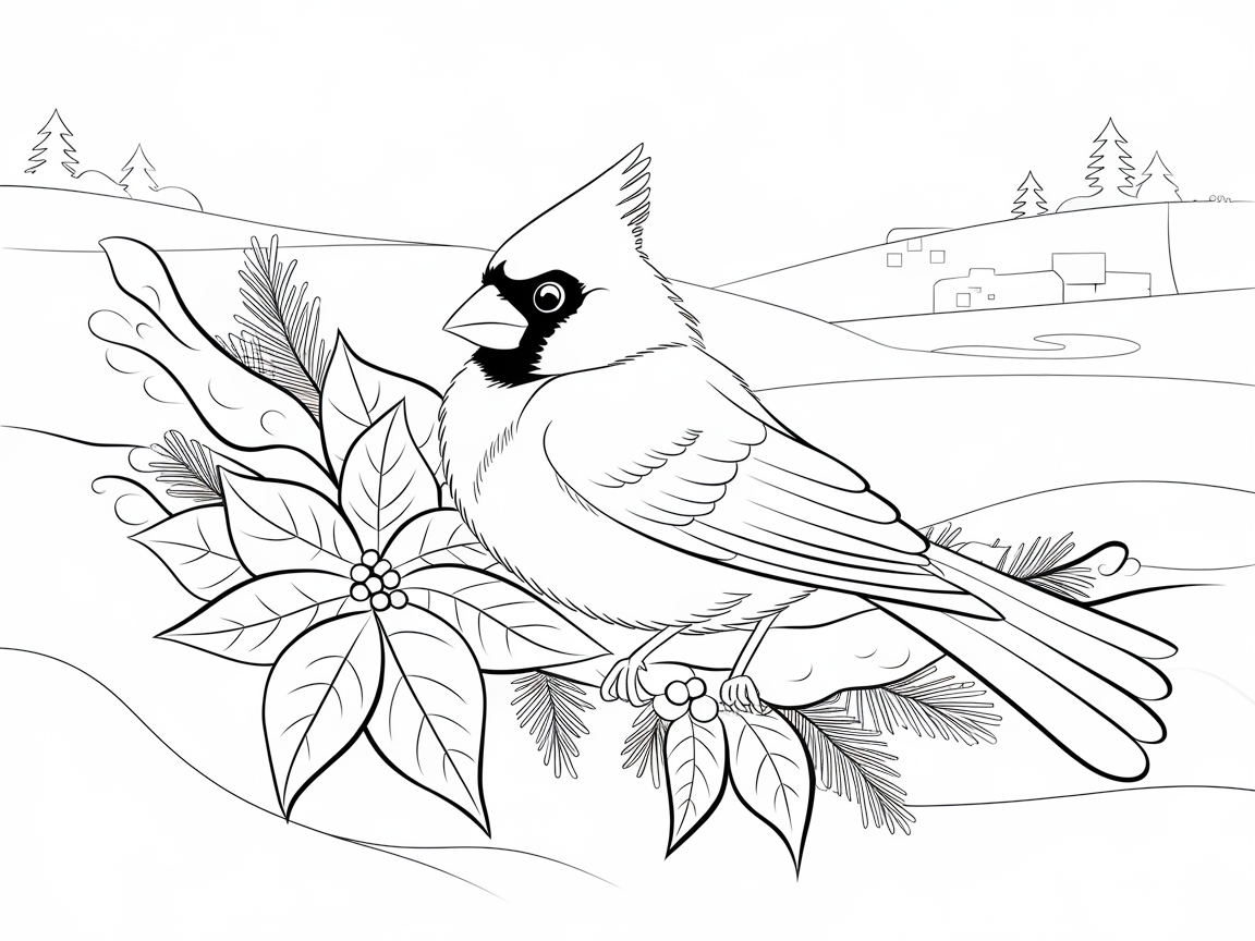 Majestic Cardinal with Poinsettias