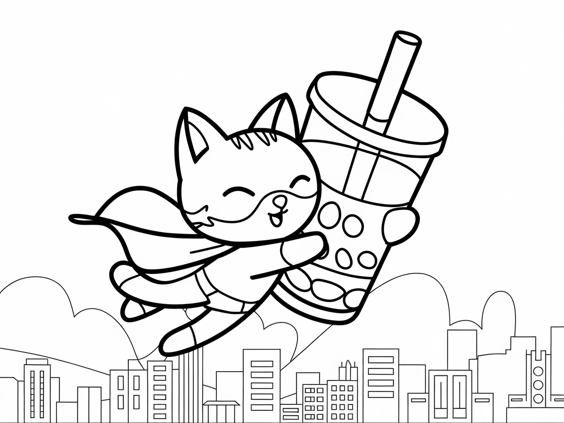 Superhero Cat Soaring with Boba Delight