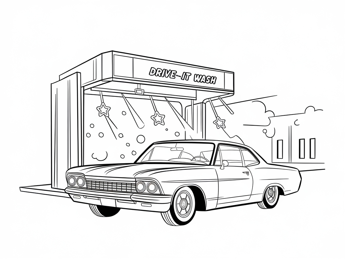 Classic Charm Awaits in This Drive-Through Car Wash Coloring Page