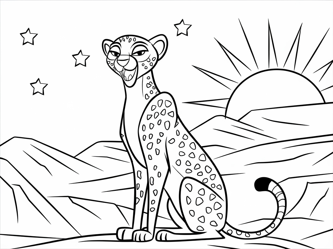 Cheetah at Sunrise in Whimsical Line Art