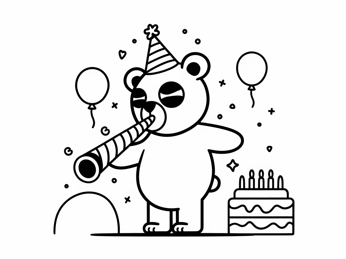 Party Time with the Birthday Bear and Blower Coloring Page