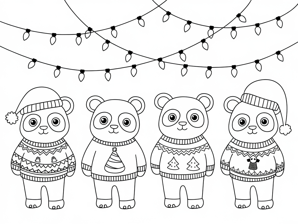 Jolly Pandas in Festive Sweaters Under Twinkling Lights
