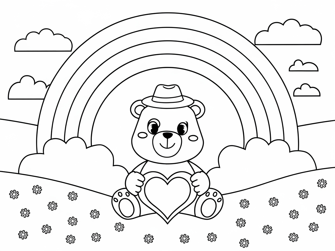 Rainbow Adventure with a Cute Bear Holding a Heart