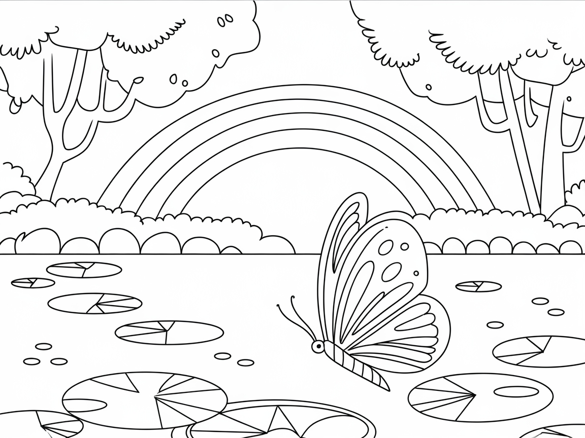Peaceful Pond with Lilies and Rainbow